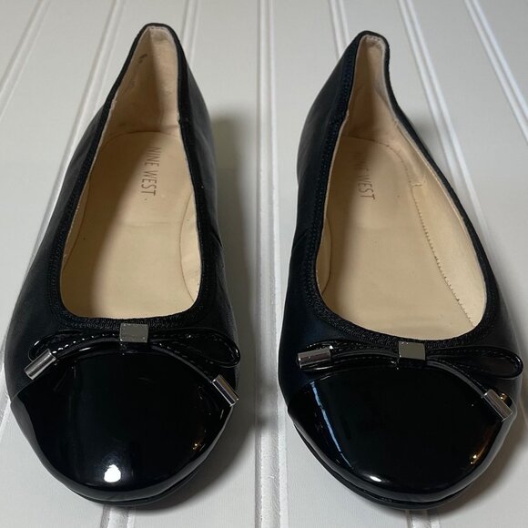 Nine West Jolee Women Cap Toe Ballet Flat 8M Black Leather Round Toe Slip-On Bow - Picture 4 of 10